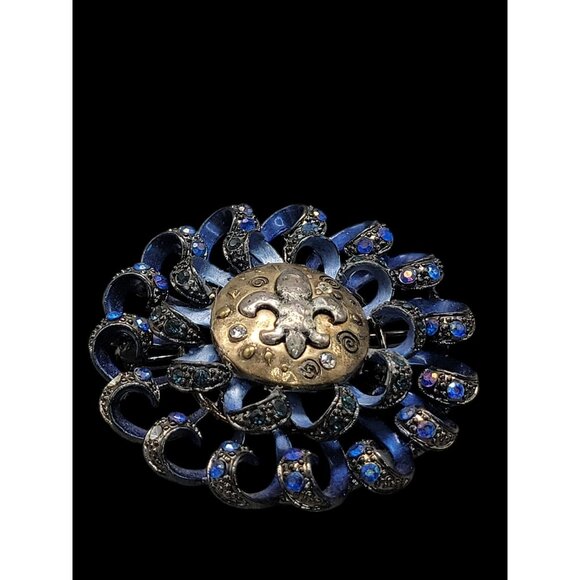 Fleur De Lis Swirl Brooch Royal Blue Gun Metal Gray Rhinestone Sparkle - Picture 11 of 15